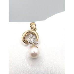 14k gold Genuine Fresh Water Pearl Pendant CZ Yellow Gold